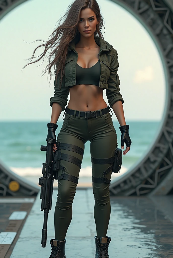 Movie poster, big chest woman, long hair, dark green pants, 1 belt, holster with pistol, just one body, front view, ruins, night