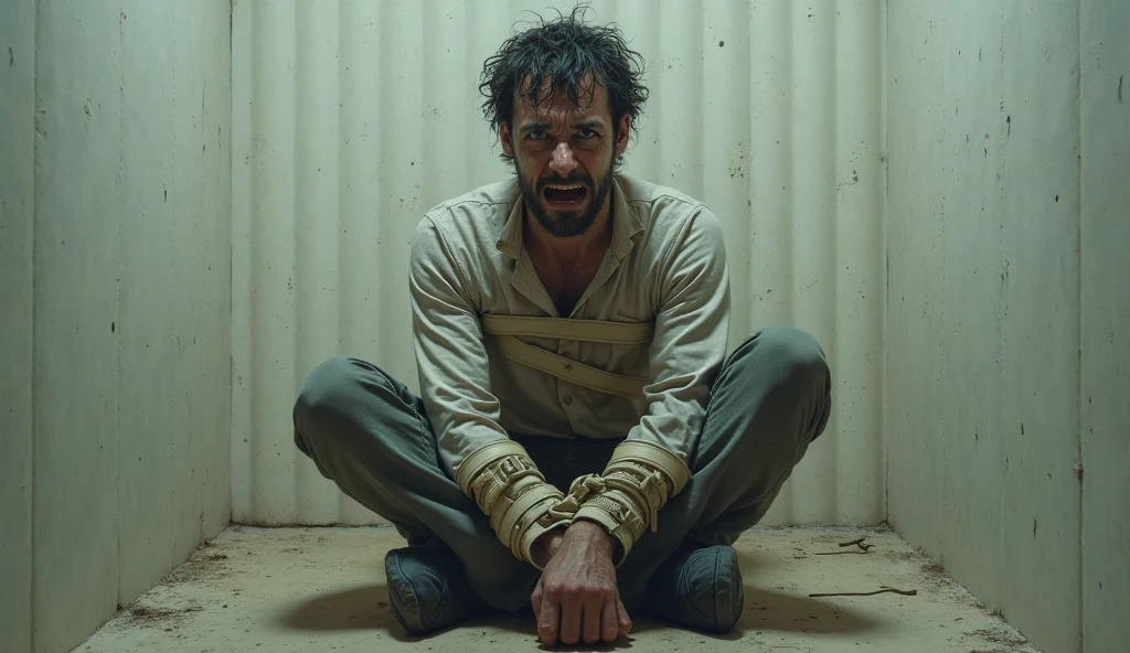 angry man, with fury, with your hands on the dirt floor, shouting with voice, with knees on the floor, hair with curls, barba, completely white clothes, disciple of Jesus, stained with blood, dirty with dirt, with long white pants, barefoot.