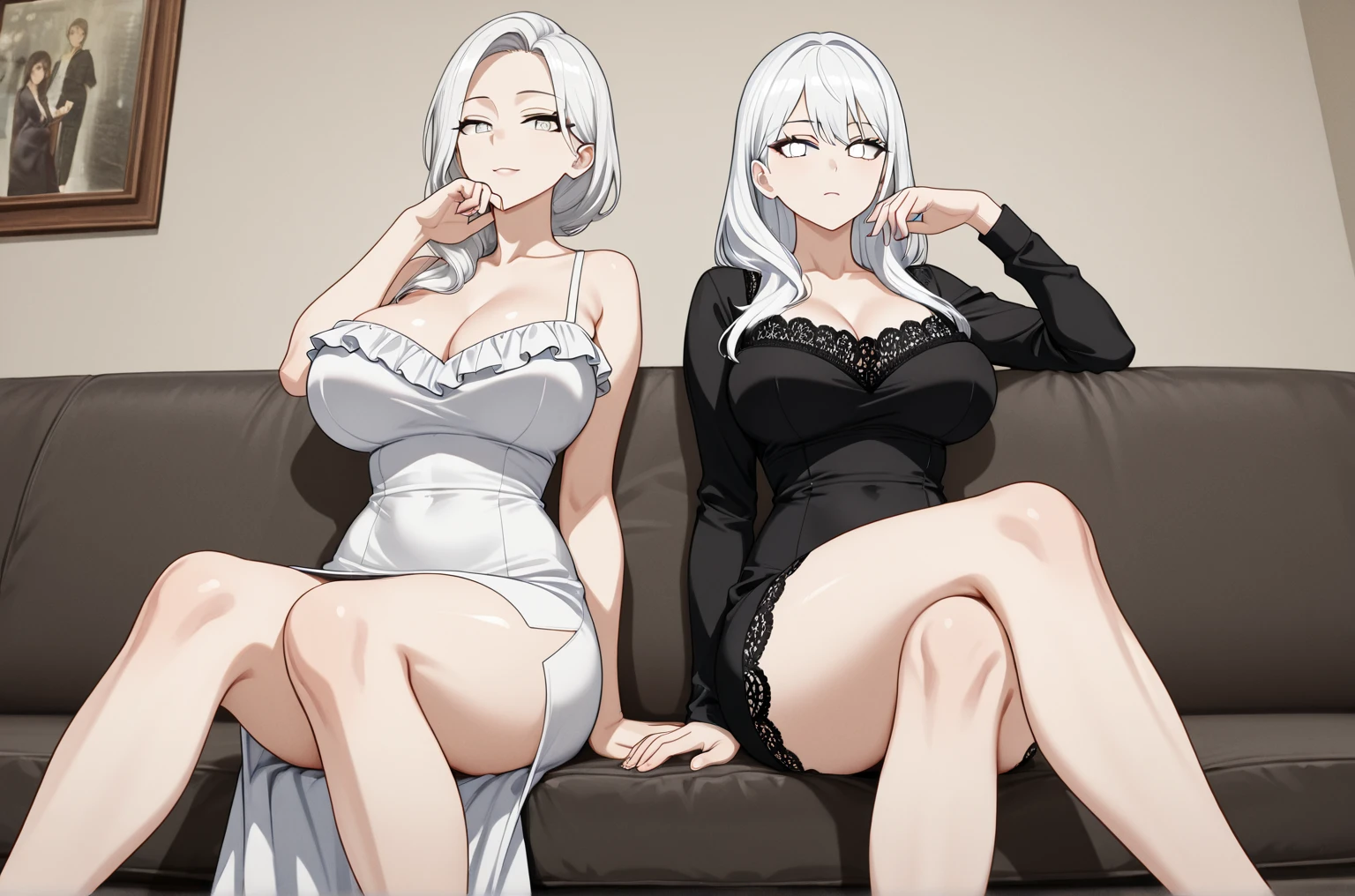 ndfw,(2 girls),duo,breast,absurdres,best quality,very aesthetic,absurdres,bra,(light silver White hair),Thighs,(purple bra),(straight-on),legs,(officeready:1),(tan),(topless),(Attractive face:1.3),masterpiece,best quality,very aesthetic,absurdres 