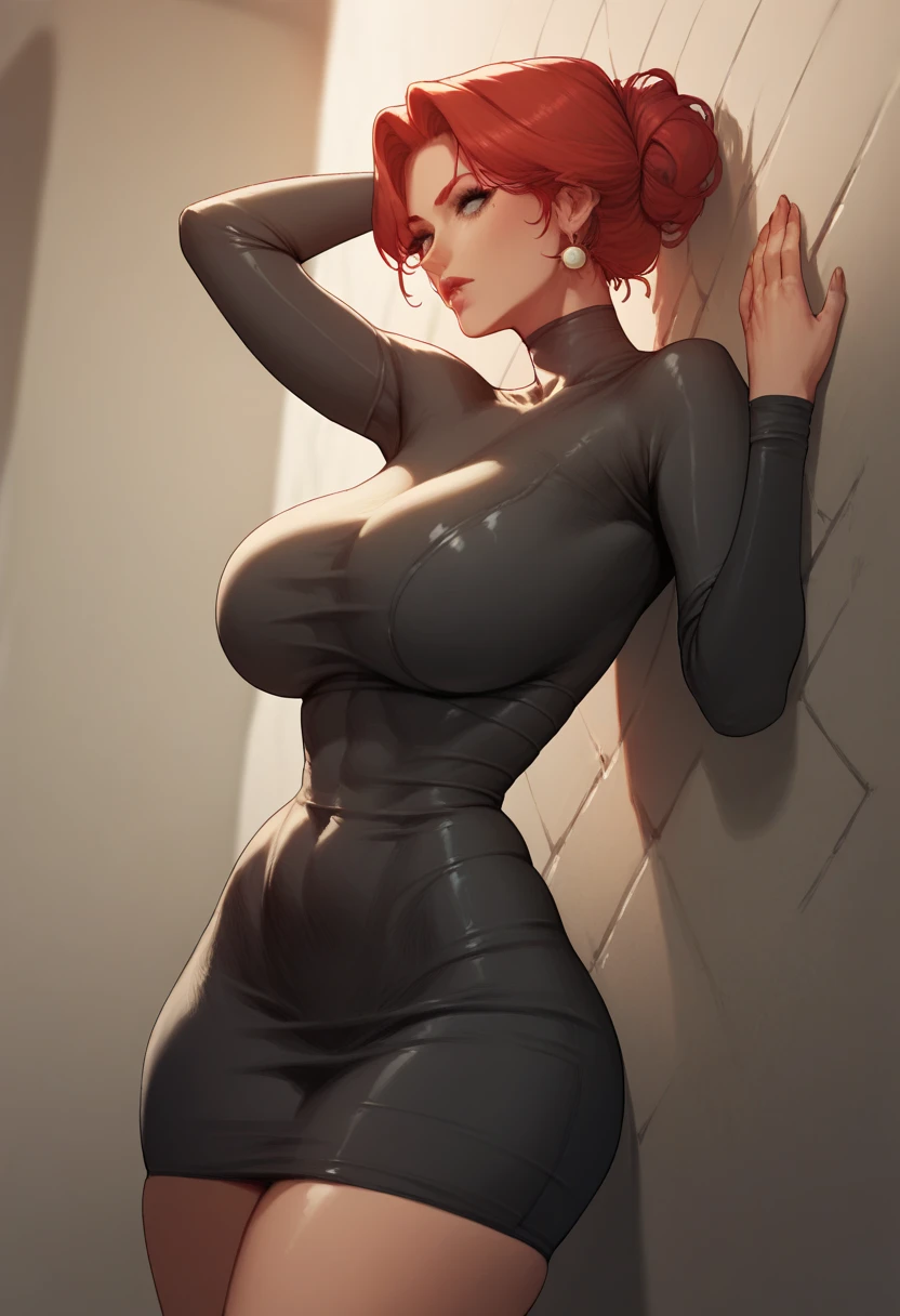 professional artwork, Intricate Details, field of view, sharp focus, detailed painting, photorealistic lighting, trending on pixiv,(masterpiece:1.0),(best_quality:1.0), ultra high res, ultra-detailed, photography, 8K, HDR, highres, absurdres:1.2, Kodak portra 400, film grain, sharp focus, bokeh:1.2, lens flare, (vibrant_color:1.2), Marie Mamiya, mature female, milf, (solo:1.4), (curvy:1.1), (red hair:1.05), hair ornament, (mole under eye:0.9), (yellow eyes:1.05), earrings, (seductive look, blush), fingernails, (Large Breasts:1.15), big ass,((upper body, half body shot)), (black jumpsuit:1.4), (((front body view, standing at attention, look to front:1.4)))