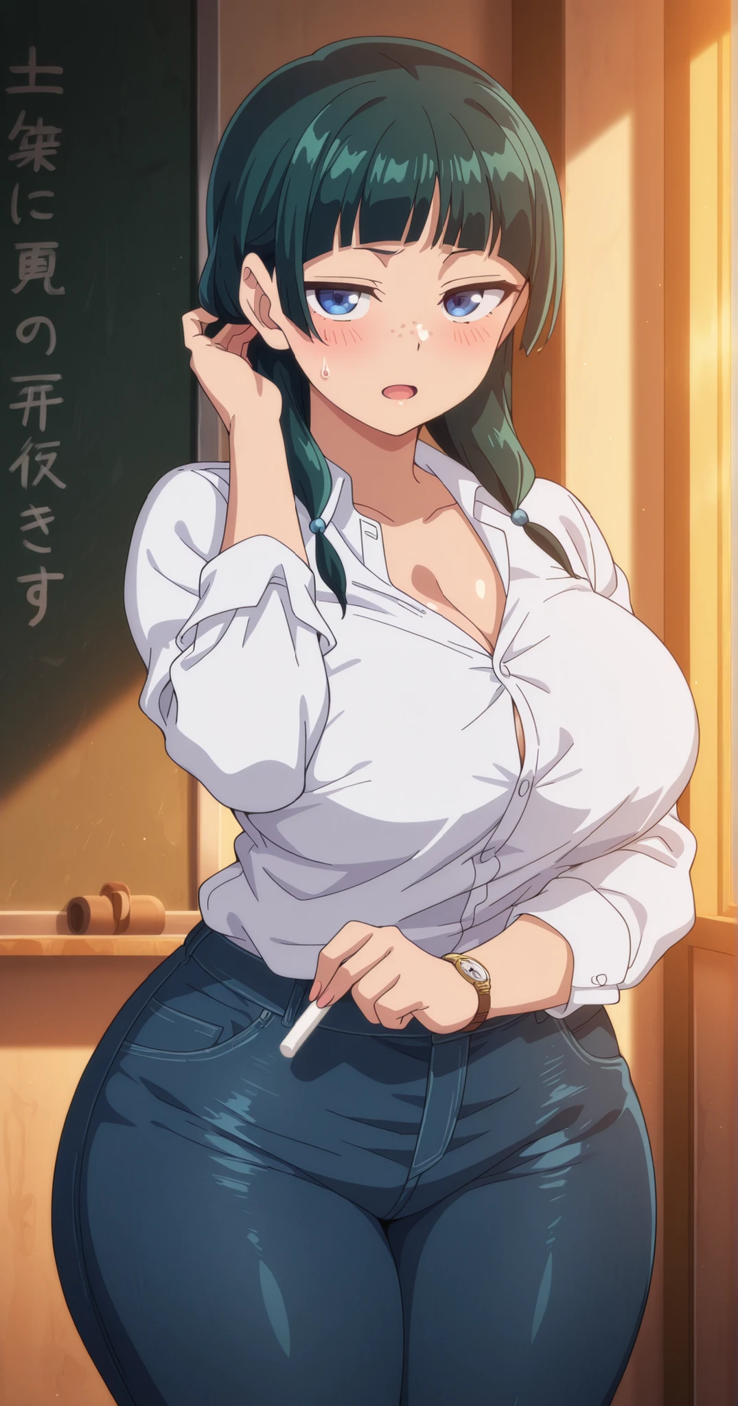 high resolution image, masterpiece, best quality, amazing quality, official art, detailed_hands, elegant_fingers, perfect eyes, anime font, anime coloring, moody lighting, Maomao, green hair, blue eyes with detailed highlights, (curvy), BREAK skindentation, frown, freckles, 1 girl, alone, shirt, pants, school classroom, written blackboard, watch, wide hips, thick thighs, cleavage, white shirt, teacher, blue pants, holding chalk, chalk, smile, blush, holding, wrist watch, collared shirt, looking at viewer, shiny skin,, open mouth, denim, breasts, :o, jeans, long sleeves, cowboy_shot, sweat drop, big breasts, adjusting hair, side locks