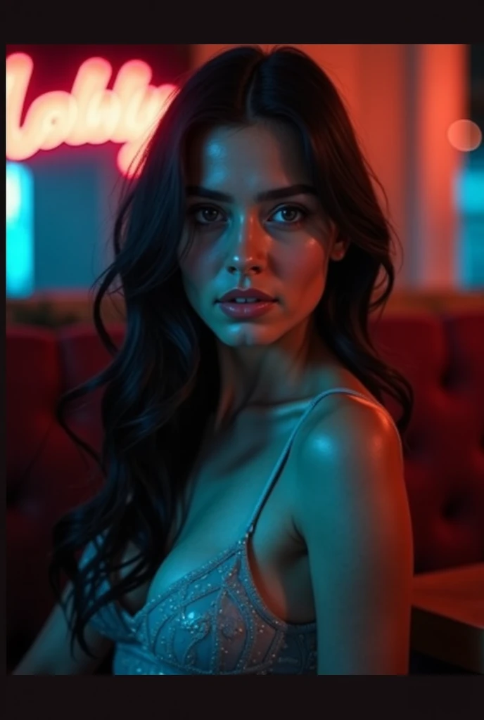 a natural white female, with long wavy brown hair, tattoos, diamond chain, lashes, plump lips, flawless eyebrows, wearing a two piece outfit, standing in a room while the tv glitches