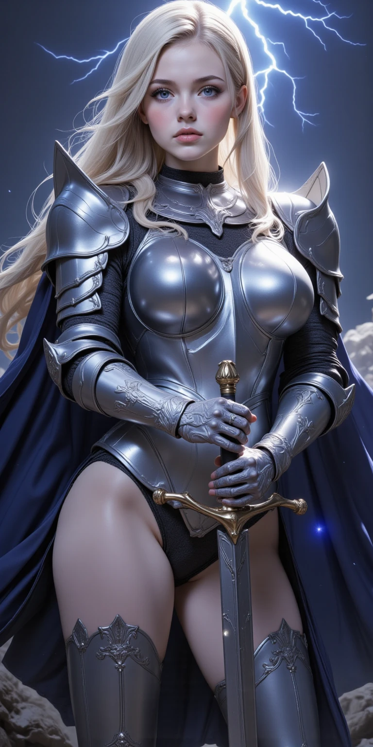 25-year-old girl with white hair, Holding the sword in front of him, leaning on it, Standing in a fighting posture, Photo below [ thigh gap [ camel toe :  ] : 0.4], Rich, Deep Colours, (intricate details:0.9), (HDR, hyper-detailing:1.2), (natural skin textures, hyper realisitc, soft light, Sharp),