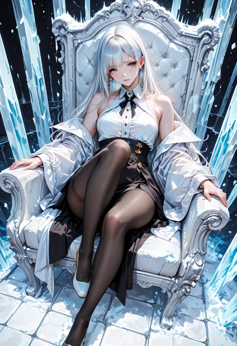 The girl sits in the crystal throne with crossed legs, the crystal throne, silver hair, frozen dew clings to her skin, crossed legs, queen in a long dress, on the ice throne, perfect image, long hair, high crystal heels, perfect face, perfect hands, perfect legs, perfect eyes 