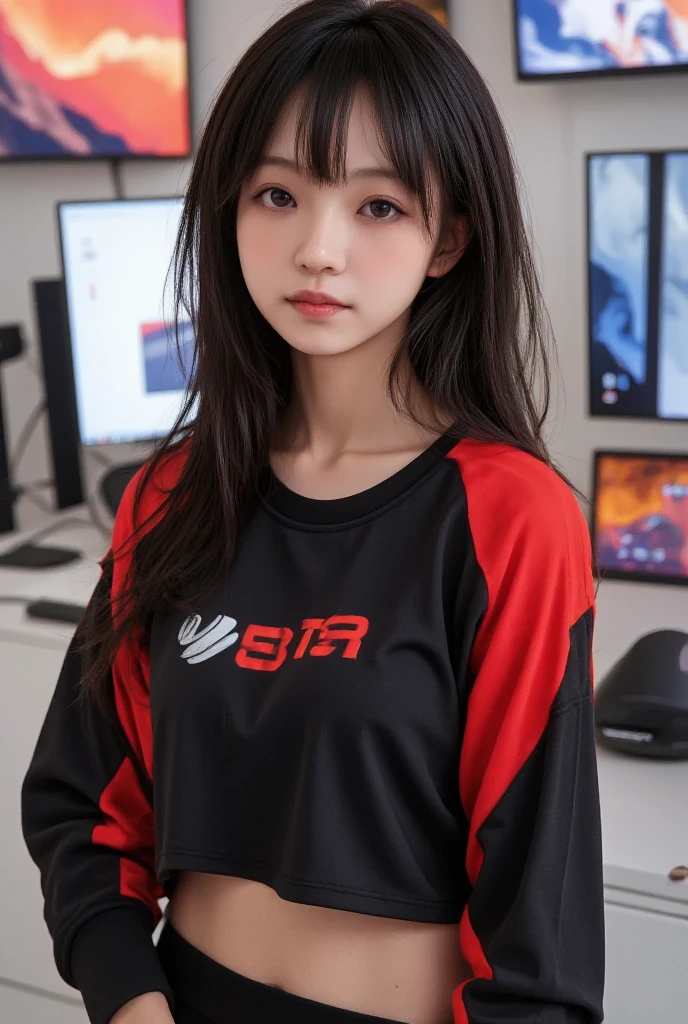 Feminine, 1 Gamer girl sitting on her desk in her esports uniform, dark brown hair, a slight pout, (A masterpiece of the highest quality:1.2) super detailed and delicate illustrations, Big breasts