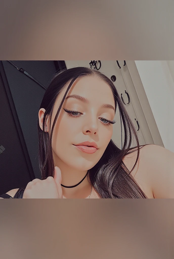 Billie Eilish, blue eyes, black hair with two pigtails, medium breasts, fleshy lips, doll lips, large eyes