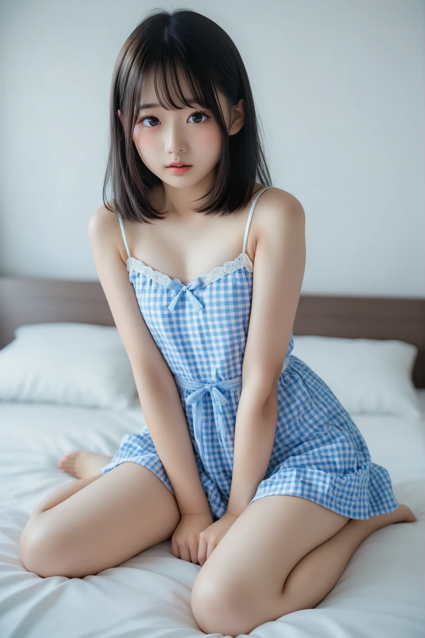 Adorable,14years, Ruffled Tank Top, Twin-tailed,  japanaese girl, , Sitting on a cushion,  in her room,  Smile,   hair scrunchie, Shiny skin, Best Quality, 超A high resolution, photographrealistic, ultra-detailliert, 8K, Raw photo、I'm spreading my legs