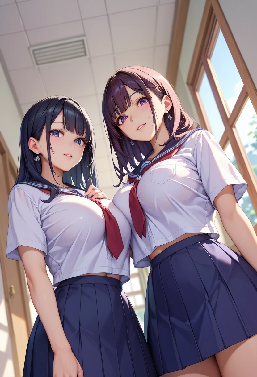 masterpiece, Highest quality, High resolution, JK,((Two Girls,)),View your viewers, , smile、stand.side angle shot,see-through collared shirts, white shirts, short sleeve, tie, blue stripe tie, school, short skirt, dark grey skirt ,glamorous,wet,wet