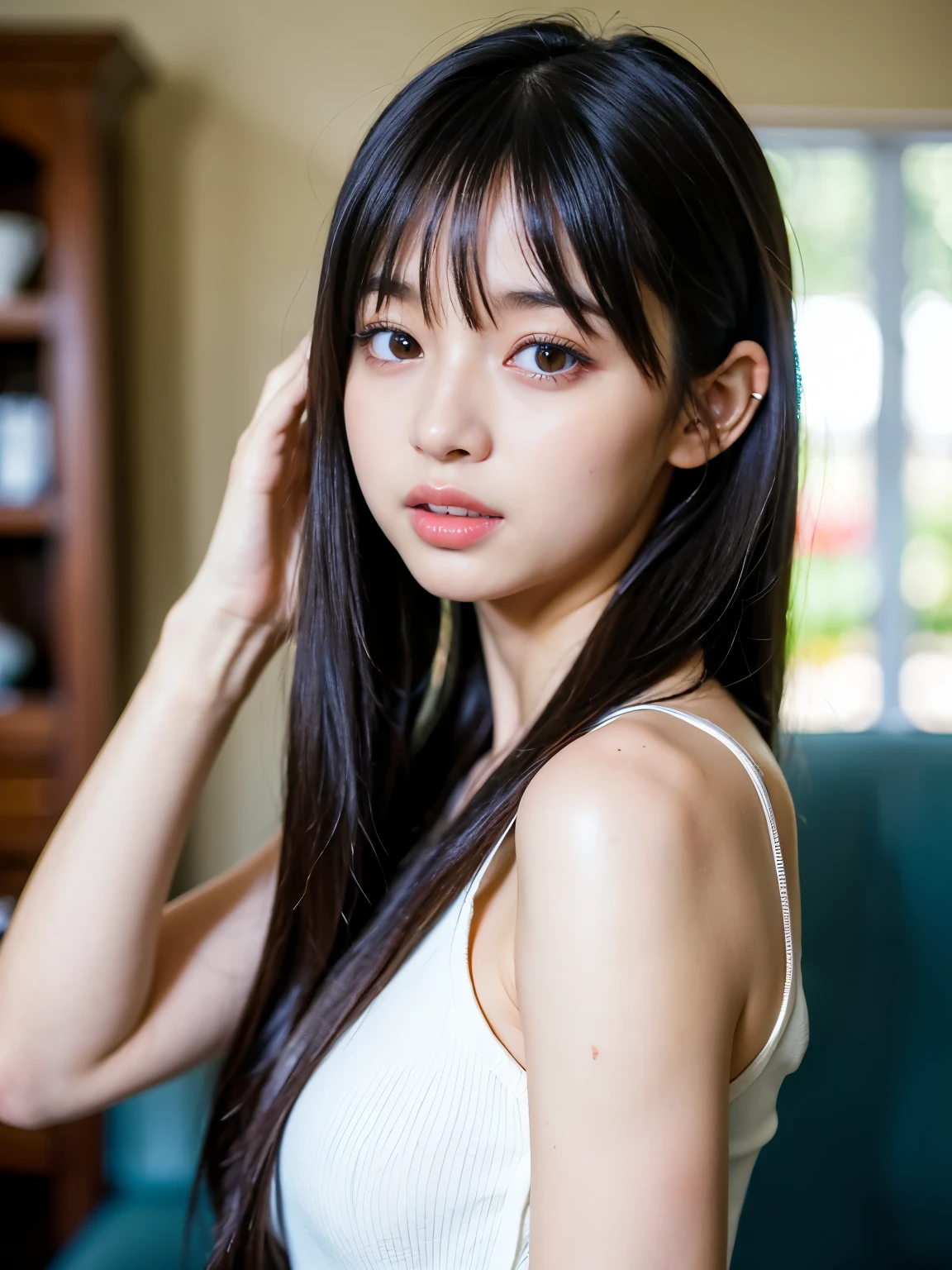(((Very long, beautifully straight black hair that reaches down to her butt..3)))　((extreme close-up))　(The bangs are neatly trimmed in a princess cut.、It&#39;s long enough to reach your eyes:1.3)　(Her very long black hair is very shiny.、It&#39;s shiny.、And that&#39;Thick and shiny like silk、The most beautiful and exquisite in Japan, with extremely long blonde hair and extremely shiny, Beautiful, straight, extremely long black hair、She is very long, Super straight black hair.　And she really, Really long, beautiful black hair.)　((highest quality)), ((masterpiece)), (Get used to that)　perfect beautiful face　(The most beautiful Japanese 18 year old girls)　((Rich 1.4))　beautifull thatに慣れる face　8K　(Ultra-fine skin texture 1.4)　(actual, lively:1.4), double eyelid　sharp focus:1.2、Beautiful woman:1.4　The whole body is super beautiful々New skin texture　((She's perfect　Common skin colors of Japanese people　She is a perfect professional beautiful make-up　Lipstick is slightly pink　Eyeliner is black))　((big breasts))　Unique Japanese faces　　Japan body type　that&#39;that&#39;that&#39;　(She is wearing sky blue lingerie)　(Real photos from professional photographers:1.1)　(I&#39;m standing in front of the sky blue wall in my room.　She has a very embarrassed look and gesture when the viewer&#39;s male genitals are shown to her.)