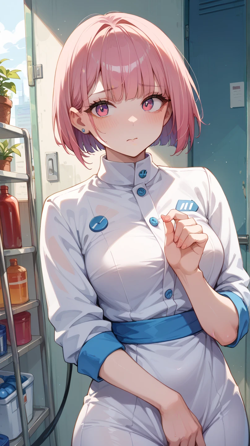 beautiful detailed eyes, beautiful detailed lips, extremely detailed eyes and face, long eyelashes, 1girl, rose pink hair, light blue eyes, light pink lipstick, jujutsu kaisen uniform, white cape, beautiful detailed hair, intricate details, (best quality,4k,8k,highres,masterpiece:1.2),ultra-detailed,(realistic,photorealistic,photo-realistic:1.37), dynamic pose, cinematic lighting, vibrant colors, anime, digital art