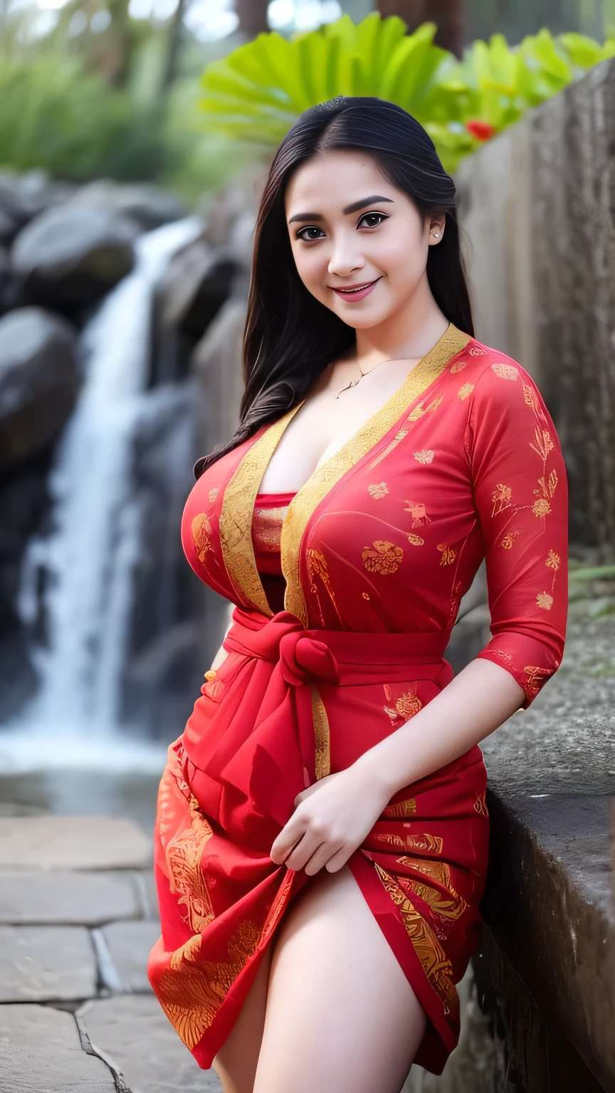 (best quality) (ultra detail) beautiful Asian woman wearing red silk robes smiling showing cleavage, standing in the rain in a foggy country side, HDR, 4k, realistic