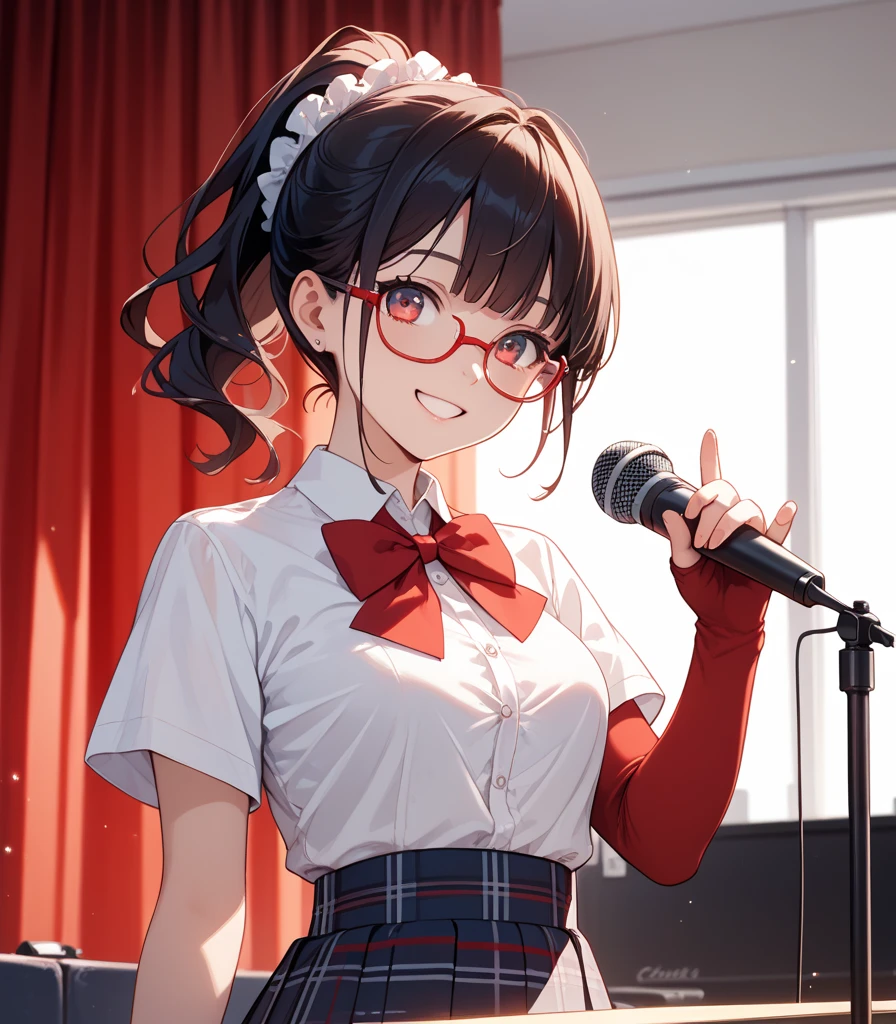 (masutepiece, Best Quality, Capture super cute moments, depth of fields, ultra-detailliert, Ultra High Resolution, C4D, Octadale, 3D Modeling, 8K, 16 K, one girls、a junior high school student、A dark-haired、short-hair、straight haired、Light brown eyes、hair adornments、wearing black glasses、kawaii faces)、a choker、plaid skirts、Short sleeve blouse、holding the mic