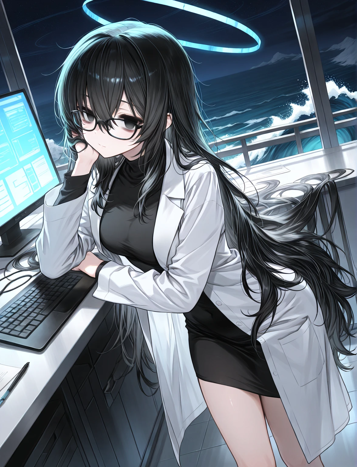 (masterpiece, best quality:1.2), (detailed illustration:1.1), ultra-detailed, cinematic lighting:1.1, Natural Lighting, Dynamic Angle,detailed,8k,(perfect anatomy,beautiful detailed eyes:1.2); (beautiful face,natural face) ; (1girl:1.1), 29 years old female scientist, working in genetics, standing confidently ; (futuristic laboratory:1.1), night, dim ambient lighting, reflective laboratory floor _ (DNA helix holograms:1.2), genome sequences on monitors, scientific equipment, high-tech research devices, soft glowing lights from computer screens ; (black frame glasses:1.2), (voluminous hair, wave long hair, tired hair:1.4), (choppy bangs, black hair:1.1) _ (black eyes, empty eyes:1.2), (bags under eyes:1.1), freckled, white lab coat, looking at viewer, straight-on