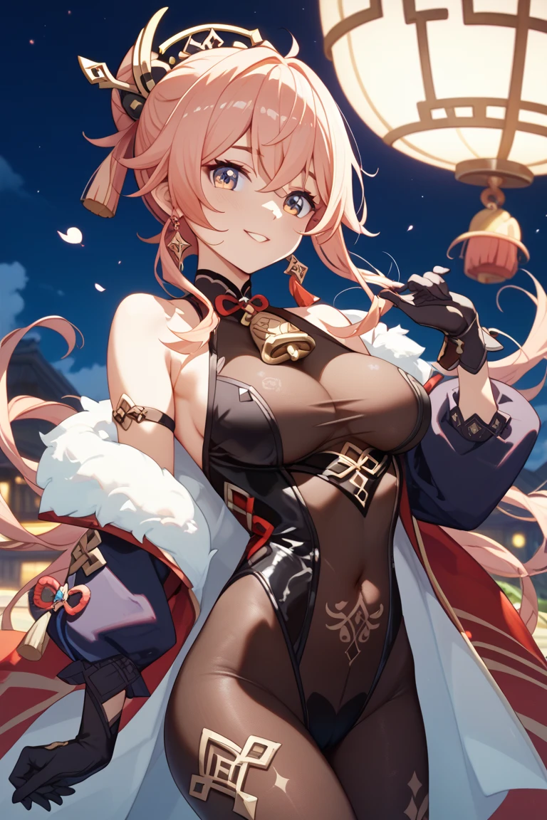 {Solitary},{Fusion},best quality, 16K, highres, super detail, high details, high quality, textured skin, uhd, masterpiece,masterpiece, best quality,{masterpiece},best quality,Official Art,Extremely detailed CG unified 8k wallpaper,Perfect female body,An adult female,{Standing},Elbow gloves,{Huge breasts},{Very long legs},Very thin hands,Royal sister,beautiful eyes,Delicate face,Red Eyeshadow, {Very long hair},High heel,Mature face,{evil smile},{Horns on the head},{Fox ears},{veil},Black pantyhose,{Charming smile},{The skirt is very short},No shoes,{ganyu(genshin impact)},{yae miko(genshin impact)},{rosaria(genshin impact)},{Yelanrnd}