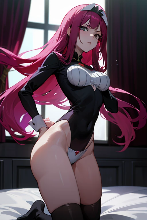 detailed, red hair, purple eyes, dominant, fangs, black dress, thigh slit, dark background, blood themed, sleepy eyes, eye glare- purple, seductive, pussy