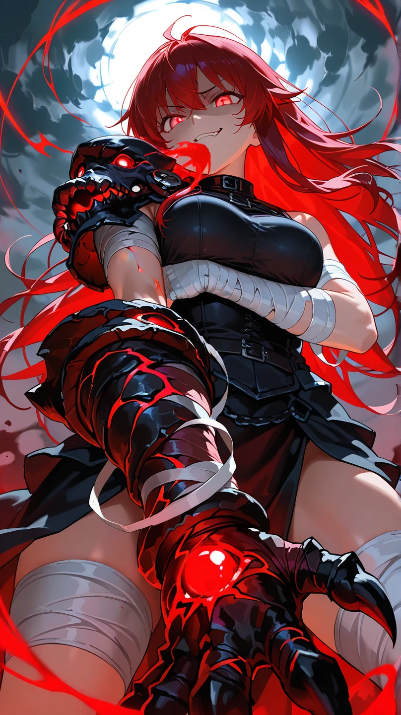 weird atmosphere, (best quality:1.1), (masterpiece:1.2), high quality shadow, beautiful detailed, (high detailed skin, skin details), (wide landscape, 8k), depth of field, highres, best illumination, (sexy), outdoors, blurry background, HD hair, beautiful face, perfect skin, red hair, long hair, (big breasts), blood particles, (night), sharp teeth, glowing red eyes, blood on face, blood on clothes, blood splashing, female knight kneel in the war fields, white dress, leavage, stocking, high heels, attack pose, close to viewer, gripping blue flame sword, heavy rain, in the grassland, foggy, wet body, wet hair, hair fluttering