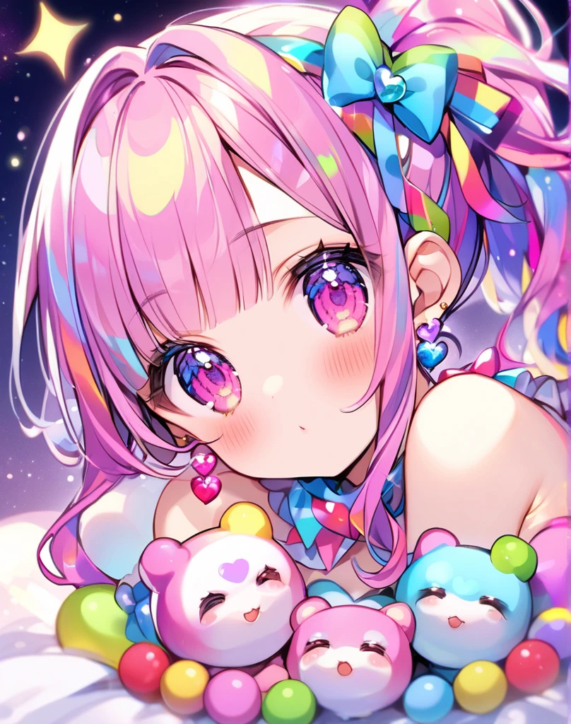 Seizo Watase colorfull style, Simple Line Initialism，Abstract art，(((The most beautiful girl of all time))), Sweet face. colorful hearts, funny design, (((bosom buddy ))), (((Cute Aliens))), The background is space