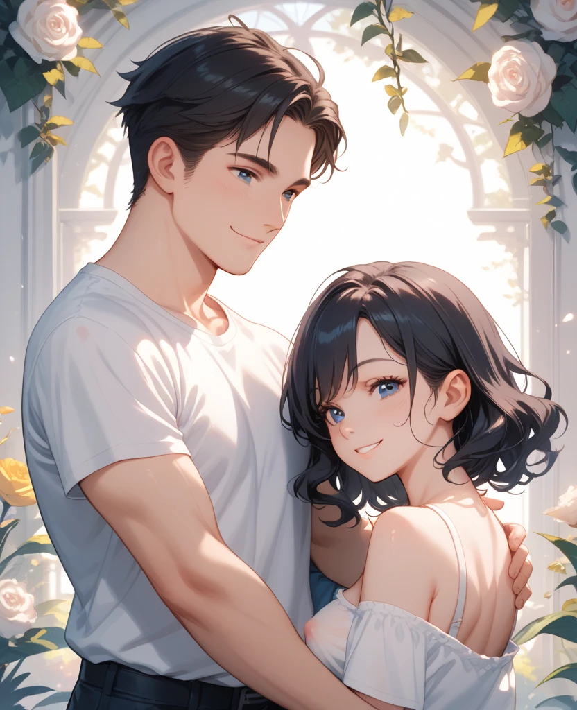 Highest quality、Realistic、zoom、Two people、Alongside、Girls and boys、twins、brother、The same face、Same height、cute、Grey Eyes、Light brown hair、、White tank top、Shorts、thin、garden、Cowboy Shot