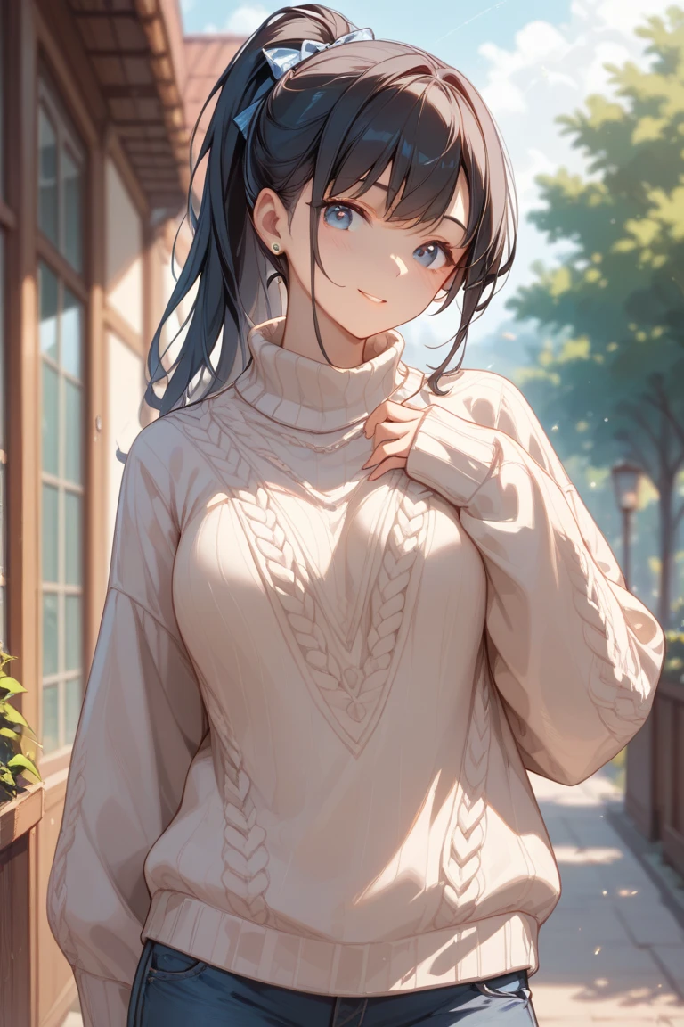 (masterpiece:1.2, top-quality), (realistic, photorealistic:1.4), beautiful illustration, (natural side lighting, movie lighting), 
looking away, (face focus, upper body, from below), 1 girl, japanese, high school girl, 14 years old, perfect face, perfect body, cute and symmetrical face, shiny skin, babyface, tiny, 
(short hair:1.5, (low ponytail):1.6, long sideburns, light brown hair), asymmetrical bangs, dark blue eyes, big eyes, drooping eyes, (middle breasts, seductive thighs, big ass), 
beautiful hair, beautiful face, beautiful detailed eyes, beautiful clavicle, beautiful body, beautiful chest, beautiful thigh, beautiful legs, beautiful fingers, 
(((off-shoulder dug-egg-green sweater), sleeveless black turtleneck sweater, brown tight mini skirt, ), emerald green hair ribbon), 
(beautiful scenery), evening, (street), standing, (lovely smile, upper eyes, open mouth), 