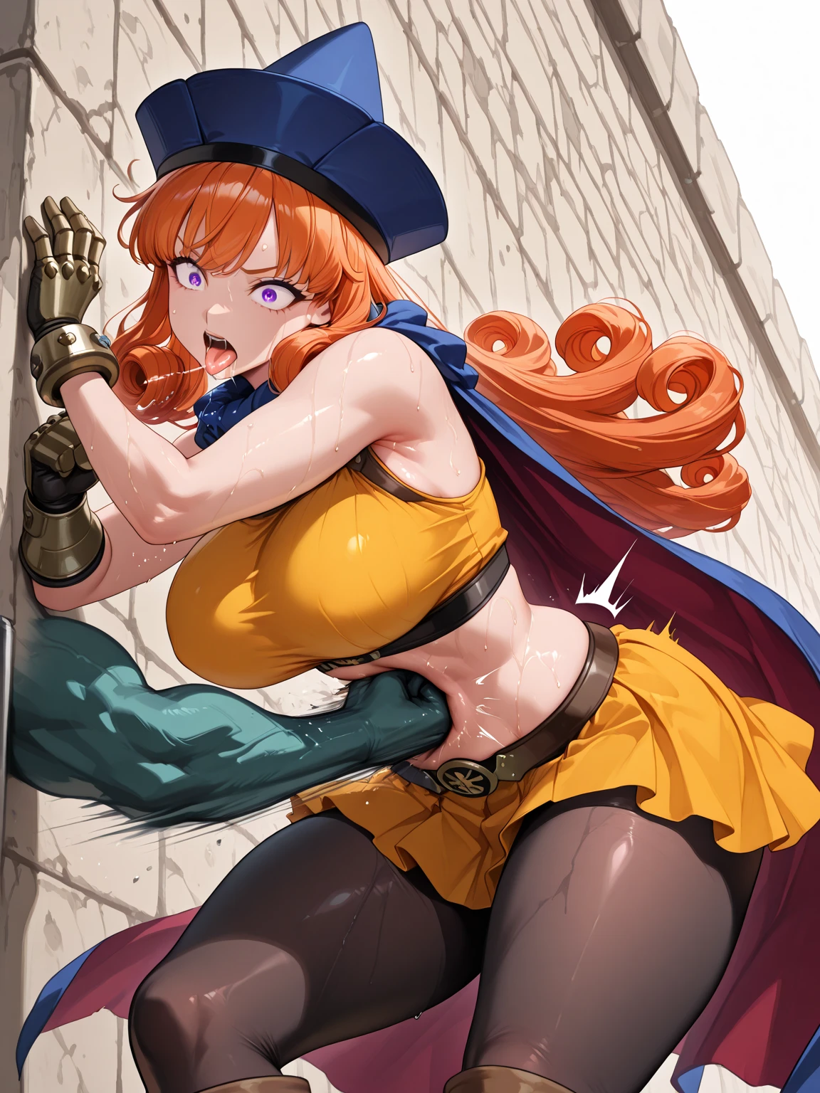 (masterpiece:1.2), (best quality:1.2), perfect eyes, perfect face, perfect lighting, 1girl, mature female wizard, long red hair, pompadour cut, thick eyelashes, makeup, blue eyes, looking down, motion lines, no bra, open mouth, wizard robe, wizard hat, shirt pull, bare shoulders, collarbone, unaligned breasts, large breasts, bouncing breasts, upper body, !, spoken exclamation mark, mage tower, detailed background <lora:shirtPullTestSexAct_v10:1>
