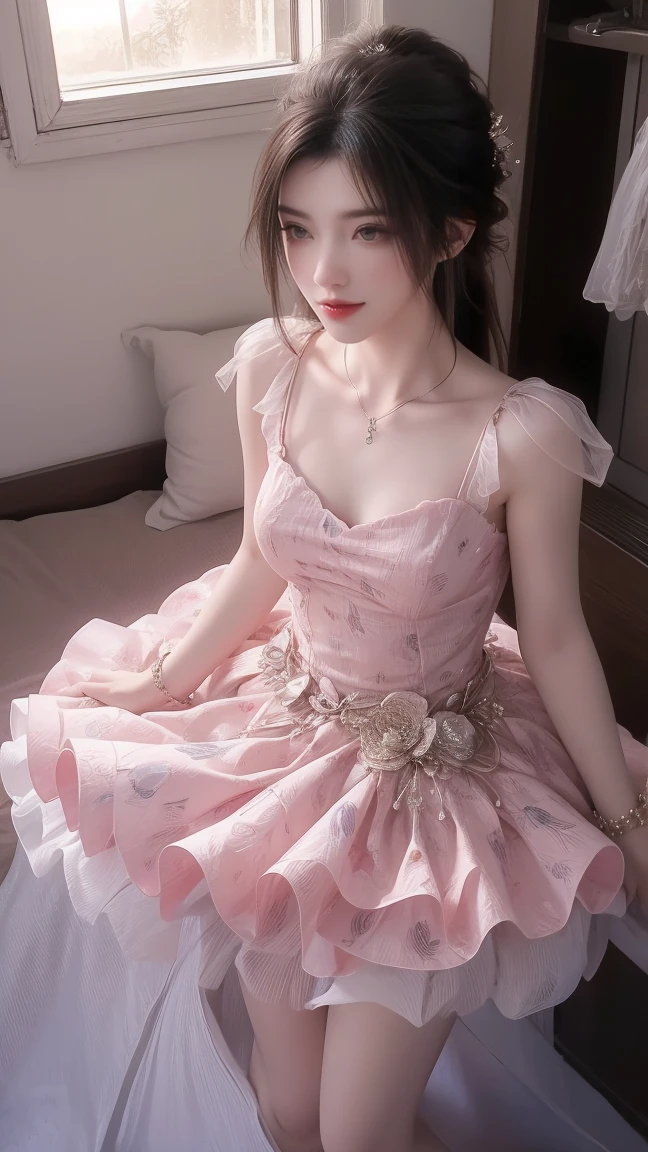 ((masterpiece)), (best quality),official art, extremely detailed CG unity 8k wallpaper,
1girl, young girl, beautiful, shiny, idol dress, bows, ribbon, frills, jewelry,
cute, (modern penthouse apartment),
upper body,
blush,
<lora:idol_dress-1.0:0.8>,