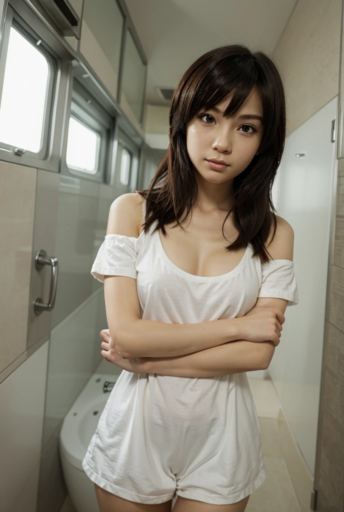 (((masterpiece))), (((Highest quality: 1.4))), ((Super detailed: 1.4)) ,Japanese, Beautiful Face, (A vivid face), (Mid-length hair:1.3), Beautiful hairstyle, Realistic eyes, Beautiful Eyes, (Realistic Skin), Beautiful Skin, attractive, Ultra-high resolution, Surreal, High definition, Photo Real, A woman in a bright white shirt stands under the shower, Incredible beauty、Wearing a semi-transparent sheet, Young and cute gravure idol,   In a wet white short dress, Wet shirt, Smooth white tight clothing suit, Covered with a transparent cloth, Realistic skin texture, Glowing Skin、Exposed thighs!!!、