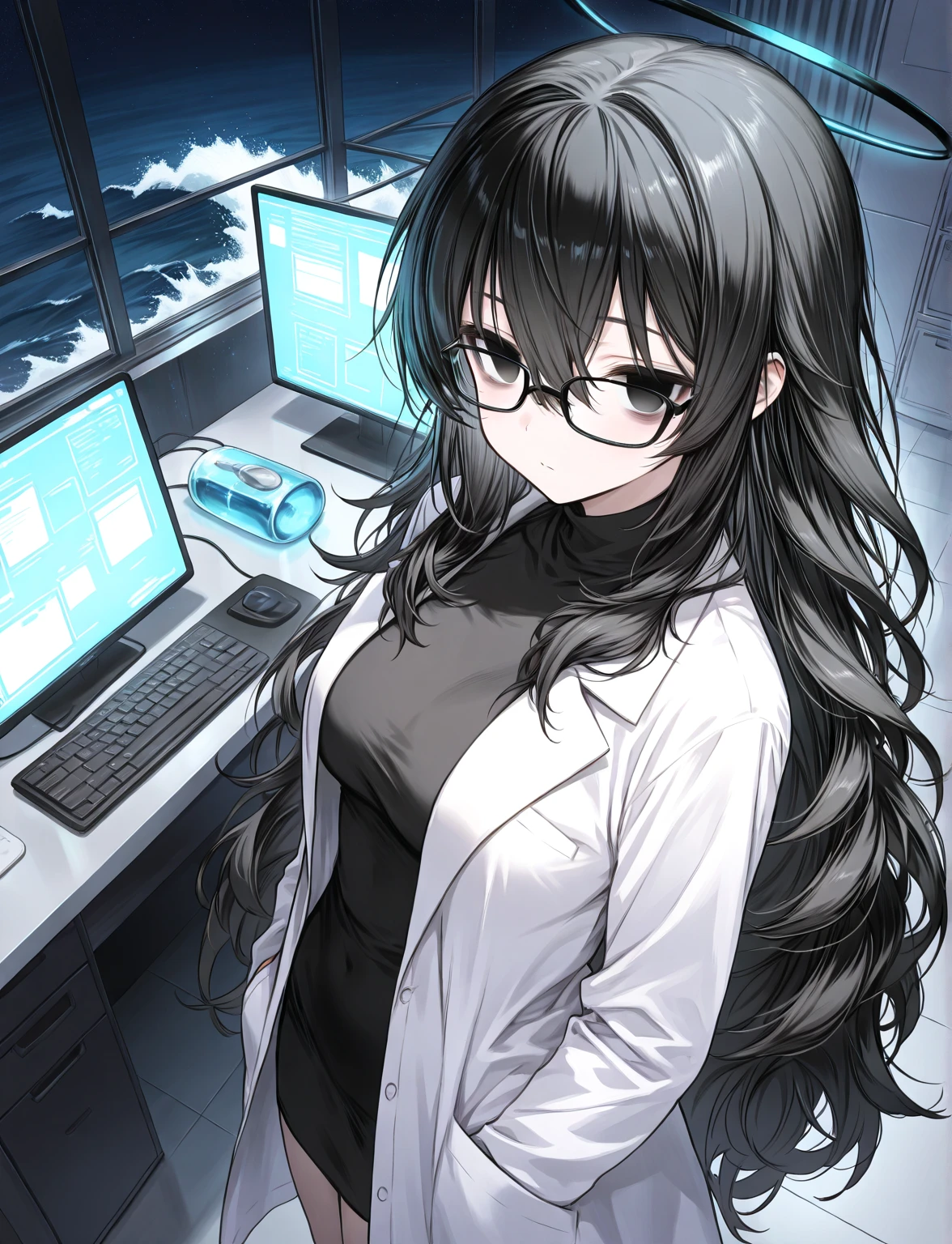 (masterpiece, best quality:1.2), (detailed illustration:1.1), ultra-detailed, cinematic lighting:1.1, Natural Lighting, Dynamic Angle,detailed,8k,(perfect anatomy,beautiful detailed eyes:1.2); (beautiful face,natural face) ; (1girl:1.1), 29 years old female scientist, working in genetics, standing confidently ; (futuristic laboratory:1.1), night, dim ambient lighting, reflective laboratory floor _ (DNA helix holograms:1.2), genome sequences on monitors, scientific equipment, high-tech research devices, soft glowing lights from computer screens ; (black frame glasses:1.2), (voluminous hair, wave long hair, tired hair:1.4), (choppy bangs, black hair:1.1) _ (black eyes, empty eyes:1.2), (bags under eyes:1.1), freckled, white lab coat, looking at viewer, straight-on