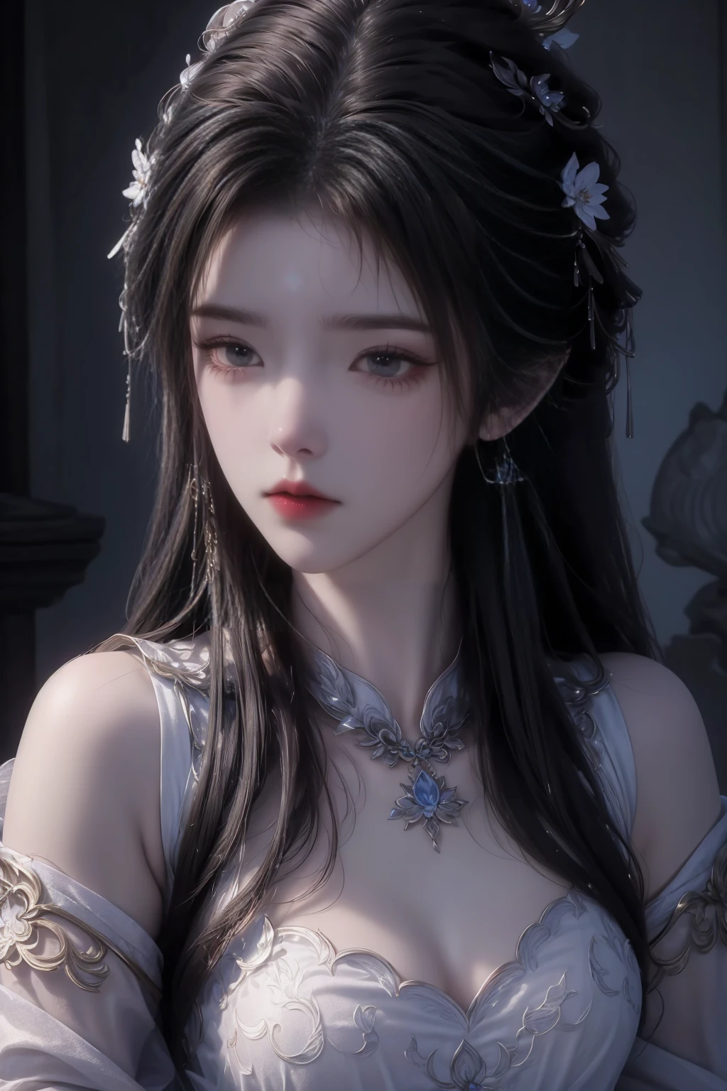(close up:1.2), cleavage, masterpiece, best quality, nearly perfect, (is a perfect face:1.1), (high detail:1.1), Drama, (1 person), Pale complexion,Otto Sepalainen, alone,cover navel, snob,Luminous Studio graphics engine, pout, Demonic Magician, Volumetric lighting,delicate eyes, (32k wallpaper masterpiece), Super detailed, intricate details, Absolutely pixel perfect, rosette, Fashion,Balenciaga style,Shoulders exposed skin,The belly button and the surrounding area are exposed,