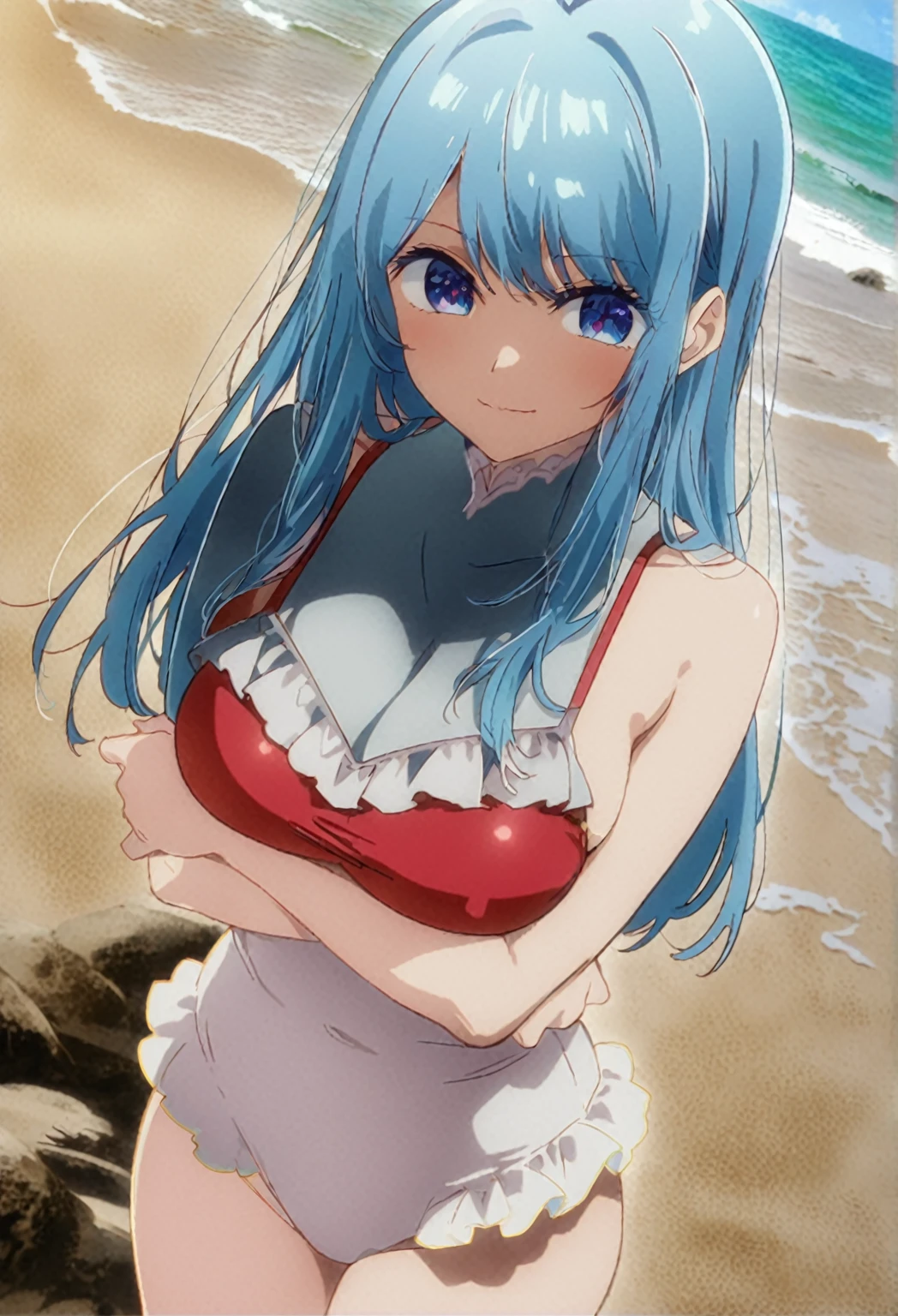 Score_9, Score_8_up, source_anime BREAK solo, 1girl, looking at viewer, cowboy shot, minakami sayo, long hair, burgundy eyes, bow, hair bow, teal hair, white bikini, navel, bare shoulders,
curvy, big breasts, embarrassed, arms crossed, shy, blushing,
Ocean, beach, sunlight, sand, horizon,