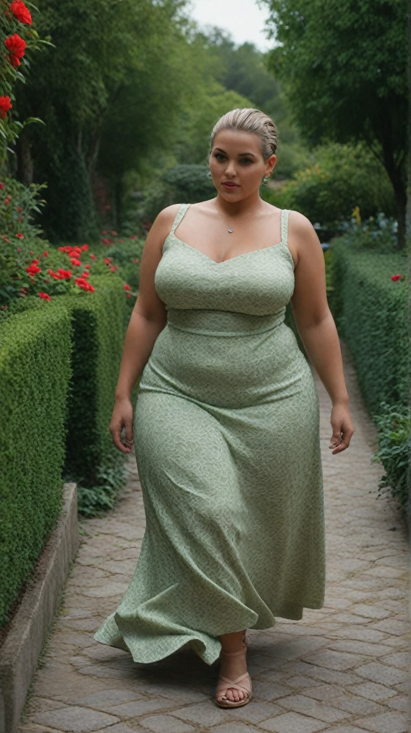 Beautiful Chubby young woman, medium short haircut, blonde hair, pale skin, intricate, green summer dress, big breasts, curvy body, 8k uhd wallpaper , ((masterpiece)) , (high detail), digitalart, vintage color photo, 1930s, old photo, 1930s fashion