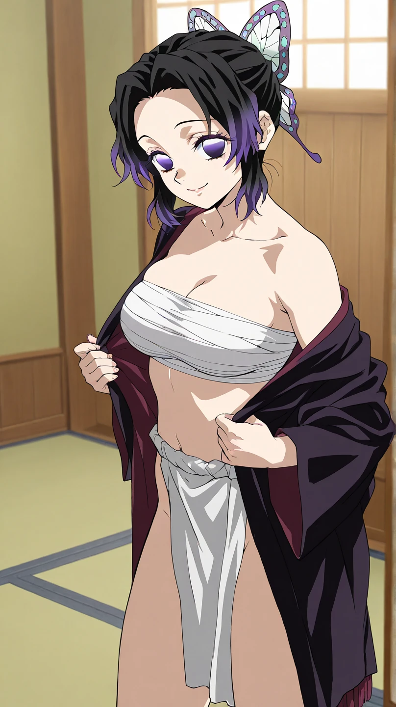 jigokuyuzuriha, <lora:jigoku yuzuriha s1-lora-nochekaiser:1>,
yuzuriha, hair ornament, (purple eyes:1.1), ponytail, purple hair, smile, grin,
BREAK cleavage, japanese clothes, bare shoulders, collarbone, side slit,
BREAK indoors,
BREAK looking at viewer, (cowboy shot:1.5),
BREAK <lyco:GoodHands-beta2:1>, (masterpiece:1.2), best quality, high resolution, unity 8k wallpaper, (illustration:0.8), (beautiful detailed eyes:1.6), extremely detailed face, perfect lighting, extremely detailed CG, (perfect hands, perfect anatomy),