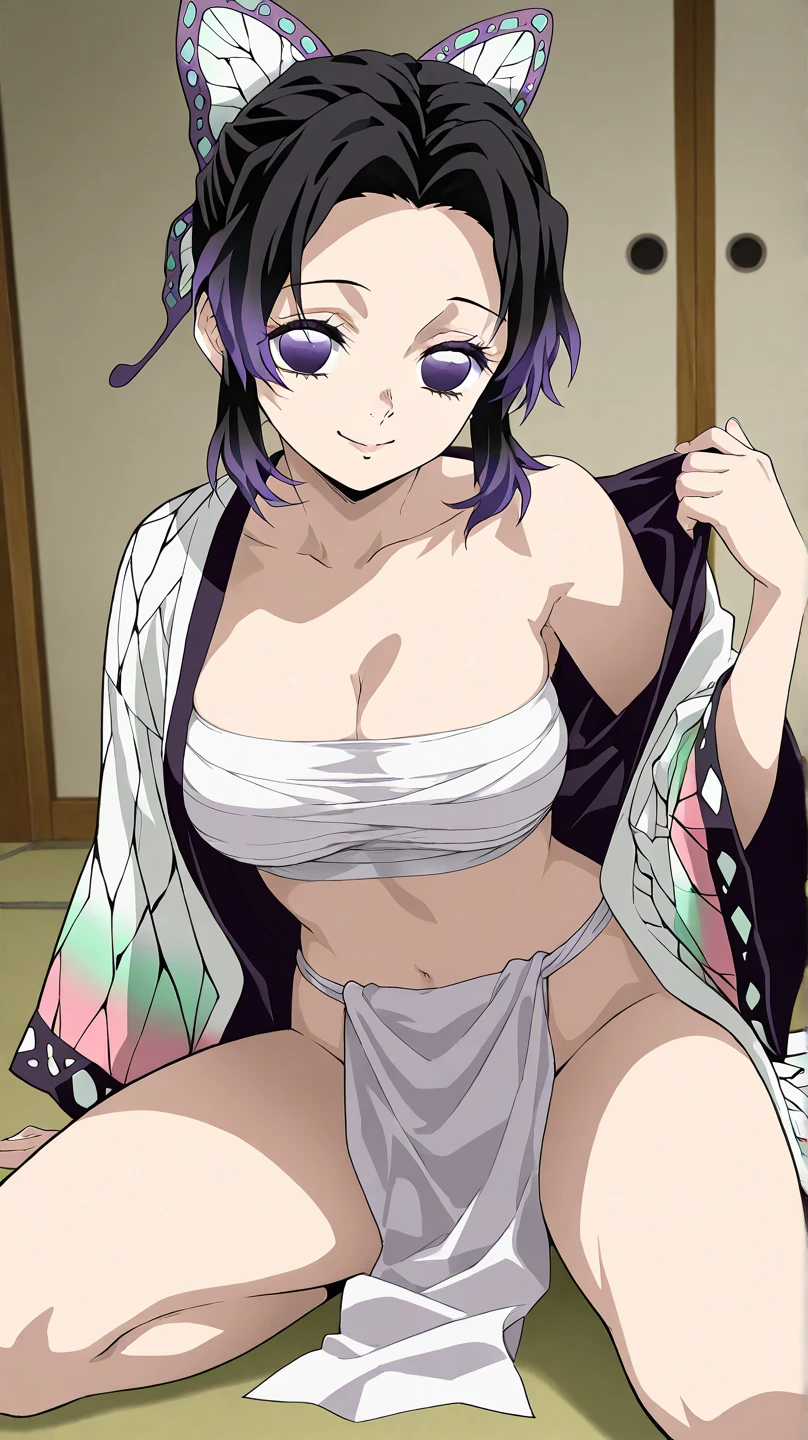 EFT_Shinobu, 1girl, kochou shinobu, butterfly hair ornament, solo, hair ornament, purple hair, multicolored hair, purple eyes, black hair, medium breast, (bikini), seductive smile, looking at viewer, blurry background, indoors, japanese house, full body, slim, ((masterpiece)), best quality, high detailed illustration, high detailed background, hi-res, bare legs, bare feet