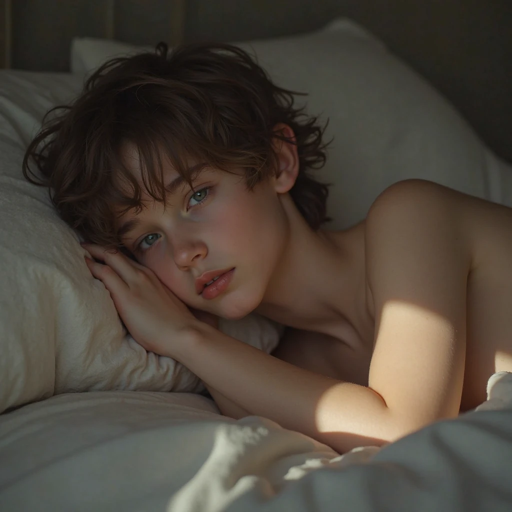 realism.18 year old boy. brown haired has brown cat ears and tail. brown eyes. Naked, lying on the bed