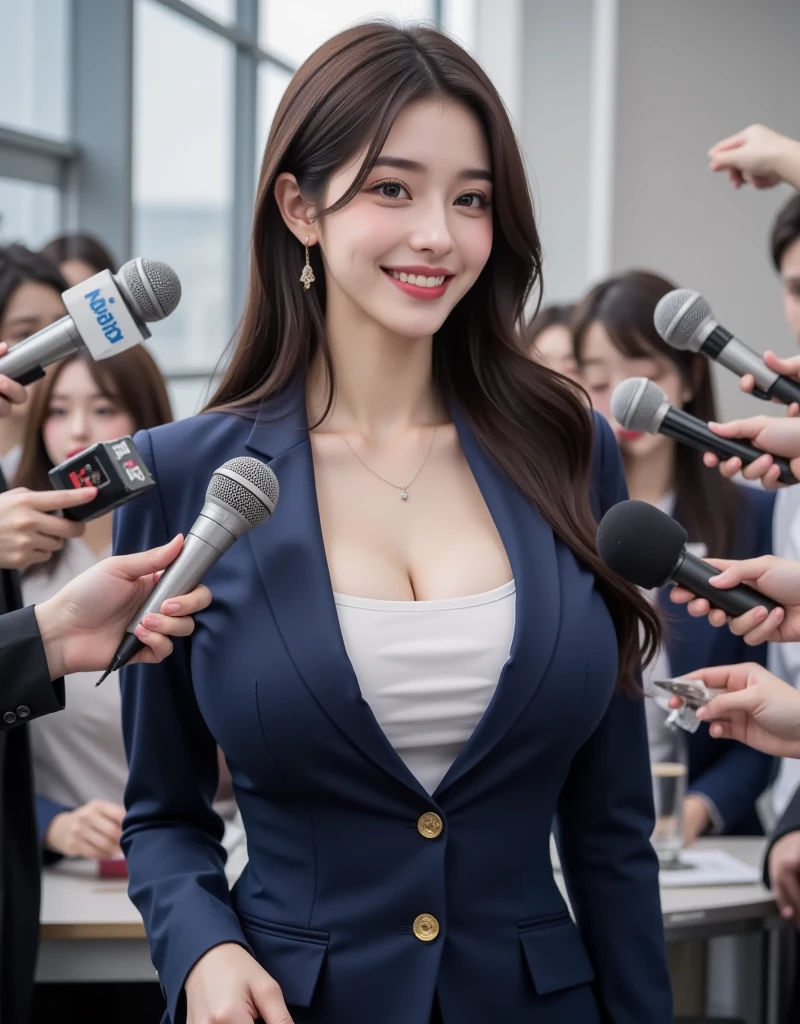 masutepiece, Super beautiful and erotic Japan prime minister, ((Full body shot, Zoom out angle from subject, Panorama of the assembly house)), (((outfit: Dark blue, Open chest, Sexy formal jacket and dark blue mini skirt, No bra))), ((Best Quality, 32 k, High resolution)), Photorealistic, Portrait, Detailed eyes, Super Detail Face, super realistic skin, ((Super huge breasts exposed from jacket)), (((Speech using a stand microphone on the answering machine, In front of an audience, In the assembly hall))), Parliament building))), Spilled super huge cleavage, Slim body, Model style, Realistic response table, Realistic meeting place photos,