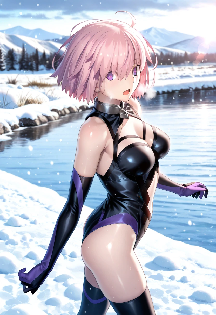 mash_kyrielight(fate_grandorder), 1girl, ​masterpiece、top-quality、Black Leotard、Purple eyes、Pure、{{downy}}、ssmile、{seminude}、crotch、小柄、blue-sky、