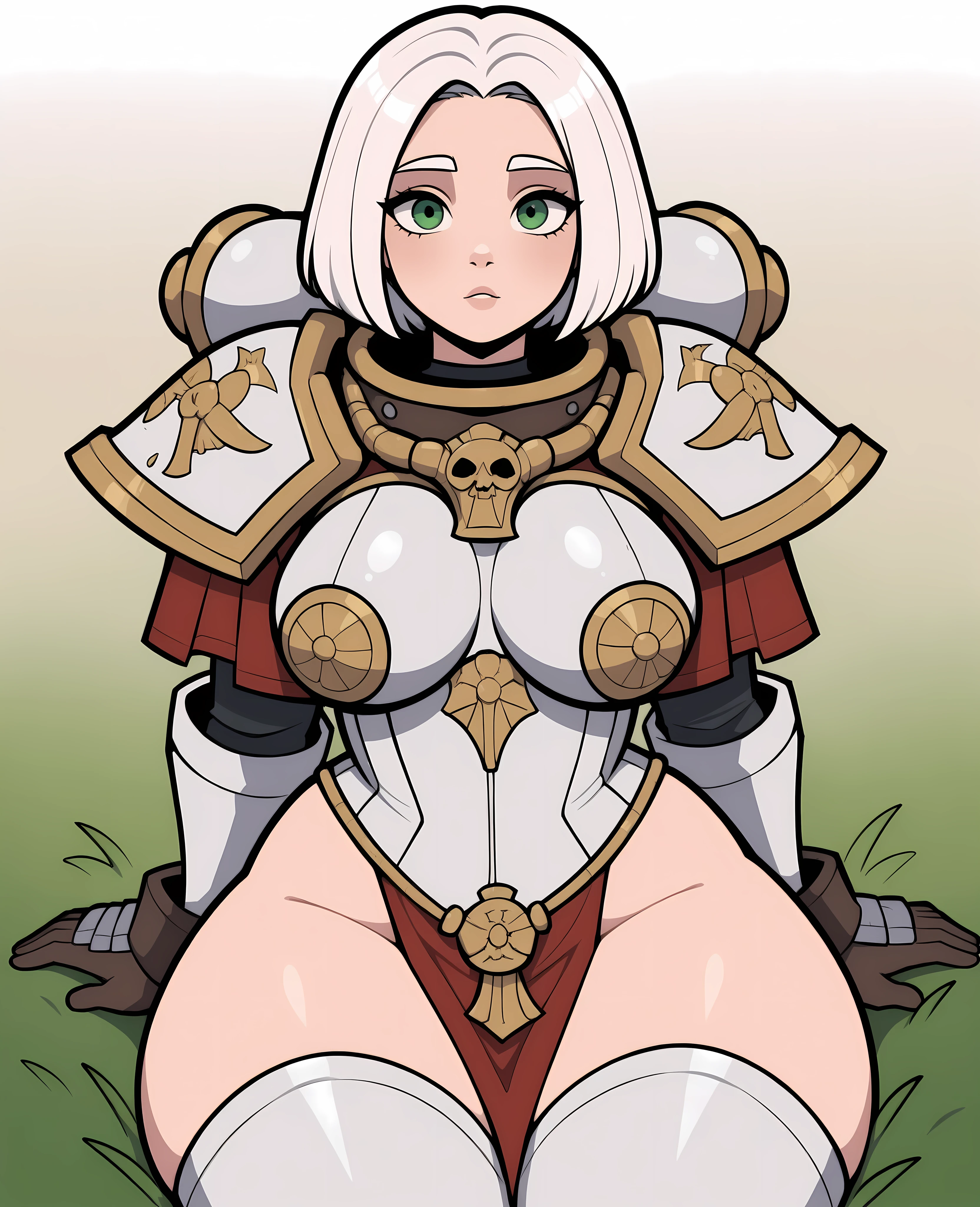 Beautiful girl, medium white hair, lush breasts, thick hips, adepta sororitas armour, loincloth, correct anatomy, laughs sweetly,lies on the grass, (yellow armor elements), (white armor.)