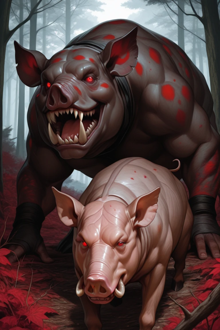 Browsing Caution。Super muscular boar beastman。Blindfold。A desperate and painful look。Mouth wide open。Licking the semen that erupts from a huge, red-black erect penis。