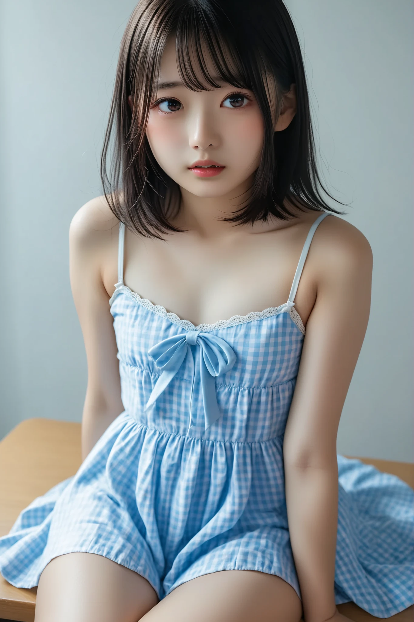 randome pose、Lying in bed、Light blue nightgown、a japanese girl、 girl、small tits、perfect chest、flawless skin、perfect body type、小柄、Small butt、Bob Hair、A dark-haired、bangs whorl、an legs、colourfull、light blue pantie