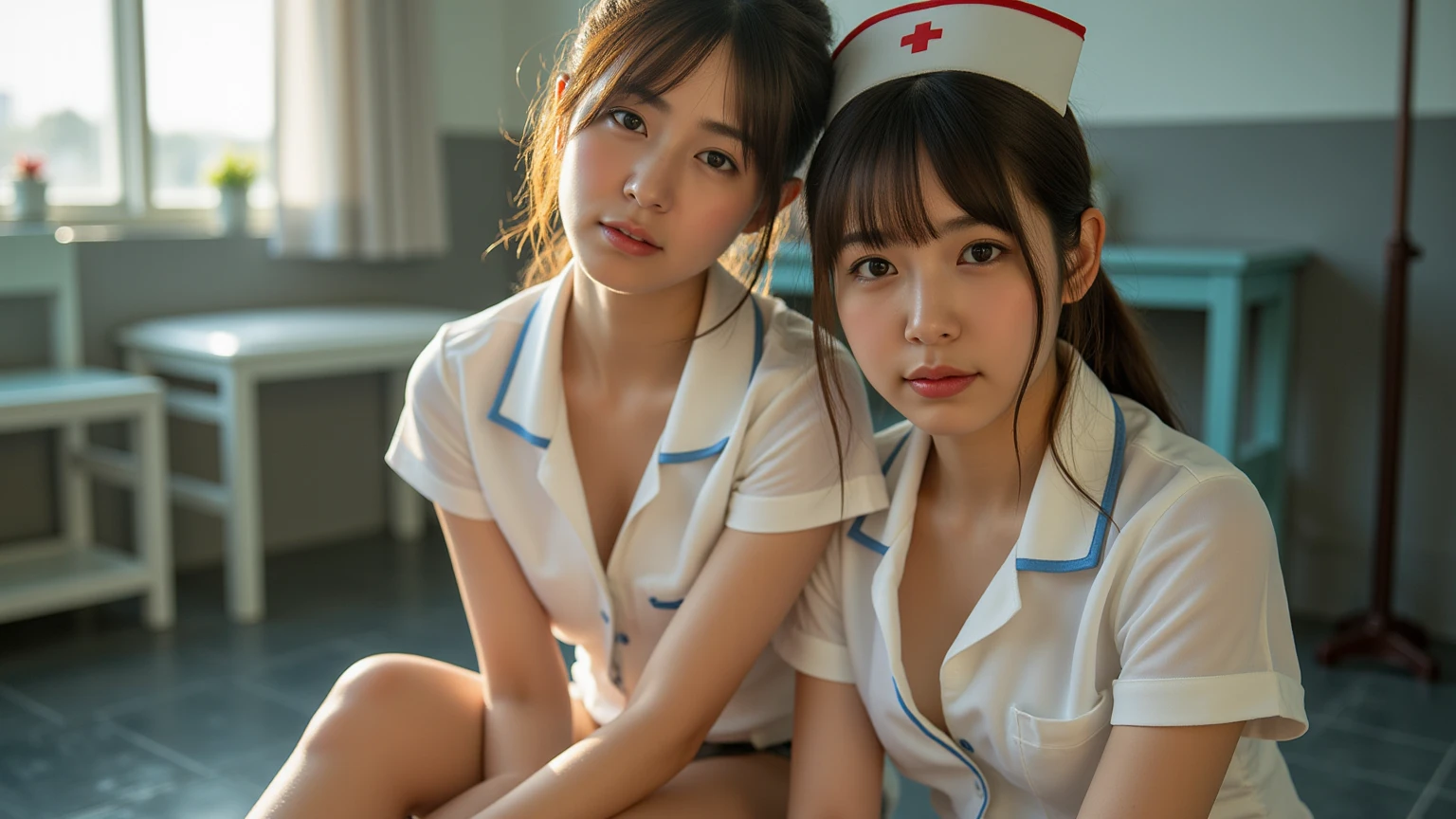 （Nurse Uniform、White nurse wear、Micro Mini Skirt、Nurse cap、Ass、Black Hair、Big Ass、Health Room）、Extremely sexy、smile、Professional Lighting、Small waist、Beautiful adult woman、Captivating thighs、Very large breasts、Cleavage、