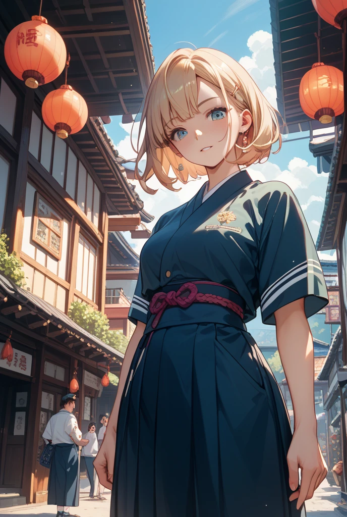 NSFW,Hololive,Kazema Iroha,Blonde,ponytail,kimono,An open-front haori coat,Hakama,mini skirt,Embarrassed,blush,Night Park,wood,Public toilet,(Perfect hands),(Perfect Anatomy),(masterpiece),(highest quality)