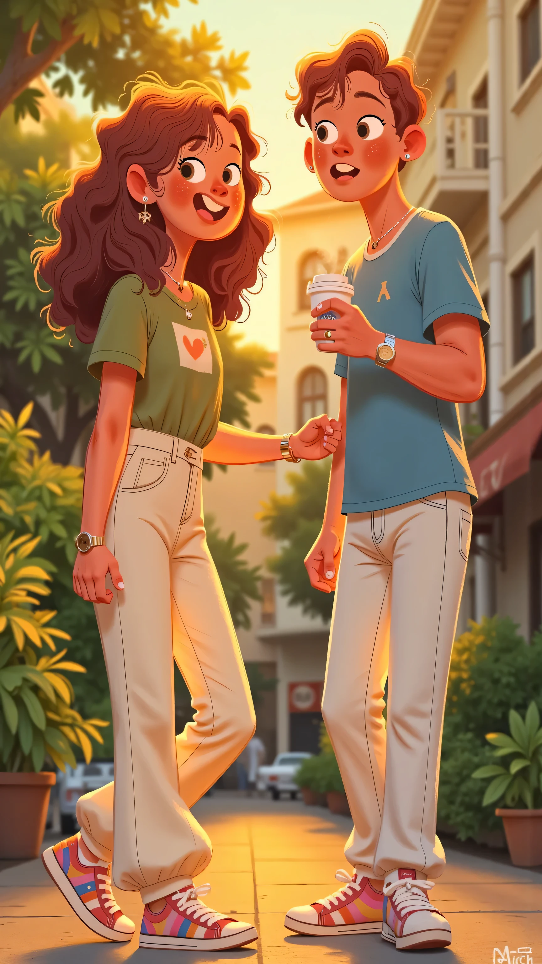 Sweet reunion illustration in the sun:Female protagonist(long brown hair,Wearing a green t-shirt and white flared trousers, colorful sneakers )Move towards the male protagonist(short brown hair, blue t-shirt,white jeans),Smiling and handing over a cup of coffee;The male protagonist took it with surprise,Eyes sparkling。Golden sunlight shines through the two people,The lens has a soft halo。Face-to-face composition of two people looking at each other,Slowly zoom in to capture the warm eyes and sincere smile。Warm pastel tones,Soft brush texture,Natural backlighting ,Cozy and healing atmosphere。