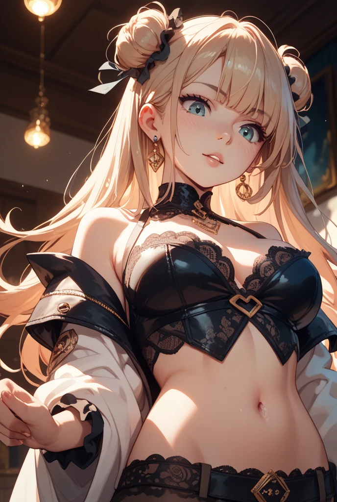 Big Breasts、tall、Toned body、belly button、Beauty、(Ash Blonde Hair)、((Very bun hair))、Perfect Face、An innocent smile、Upper Body、(Cerulean Eye)、(yan)、(Petite)、(slender)、((Flat Chest))、((Only 16))、Skin irregularities、Extreme Detail、Attractive oval face、Red lips、pink、Shiny skin、Detailed hair、Face focus、Chest close-up、Gorgeous hair ornament、Gold earrings、((One girl))、Embarrassed look、