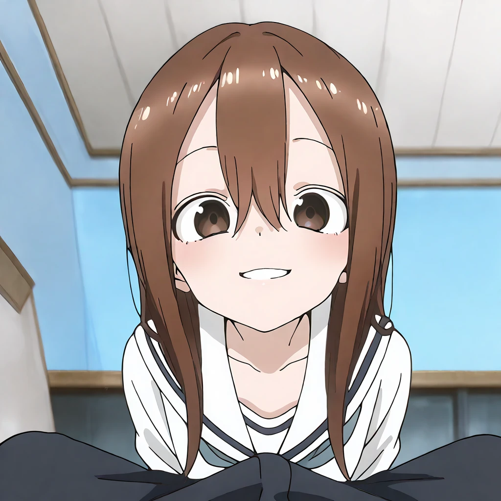 masterpiece, best quality, 1 girl, Takagi-san, Karakai Jōzu no Takagi-san, long hair brown, brown eyes, very cute, japanese , Day, Perfec face, Perfec eyes, sitting at school, 1 girl, "illustration", "high definition", takagi1, long hair