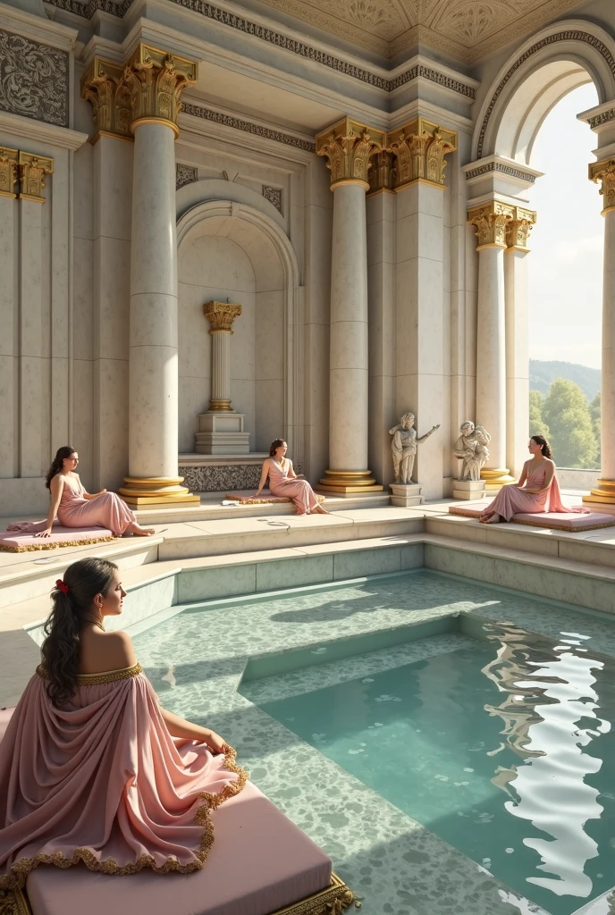 The heart of the harem palace is dominated by a large hot bath pool. This grand bathhouse is an architectural marvel, with its intricate mosaics and towering pillars of shimmering marble. Here, in this luxurious haven, the concubines gather, their silken robes discarded, their bodies immersed in warm waters infused with the delicate fragrance of petals. Some engage in leisurely swimming, their graceful movements causing gentle ripples across the water's surface. Others prefer to sit by the poolside, their fingers dancing on the strings of lutes or guiding the soft breathy notes from flutes, filling the air with sweet melodies.