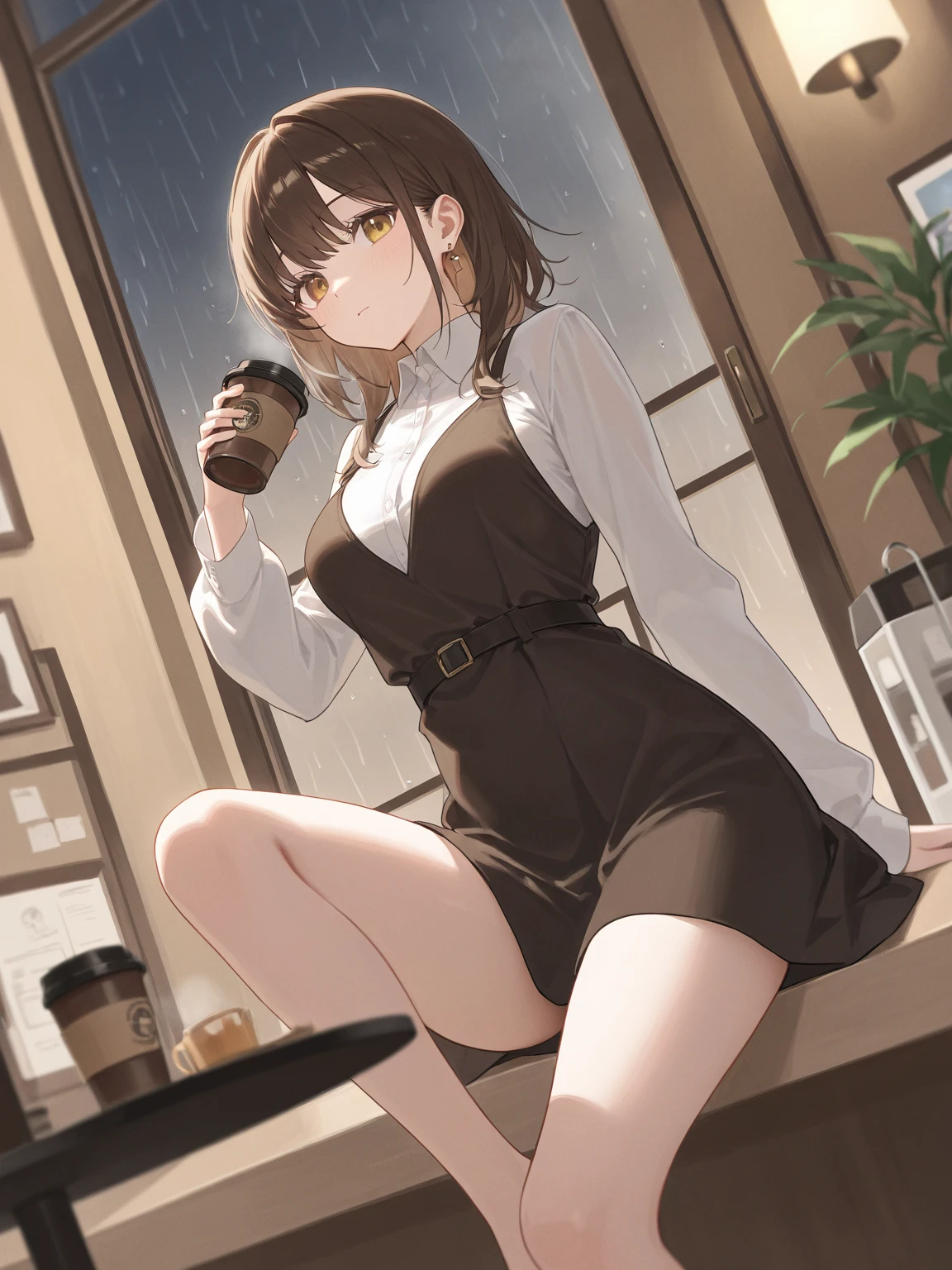 Hi-Res、​masterpiece、Chizuru Ichinose、Brown hair、Soio、Female one、Background with((Night Coffee Shop、Counter seats、Coffee maker))、The table(menu、Coffee Cups Coffee Cups、Sugar Bottle、Milk),masutepiece、、Colorful underwear pattern、Meticulous background、A detailed eye、（（Brown-eyed））,Beautiful and perfect legs,