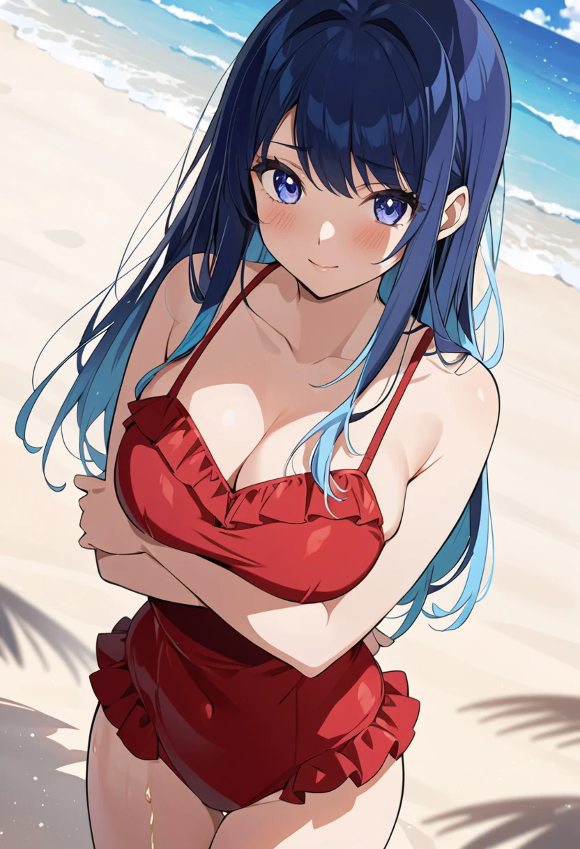 masterpiece, High resolution, perfect face, Japan beauties, 30 years old, beautiful face, beach, bikini, embarrassed look, look at the camera, (top quality eyes), detailed texture, Look at me, Married woman, cool women, ((high resolution eyes)), hentai, ponytail 