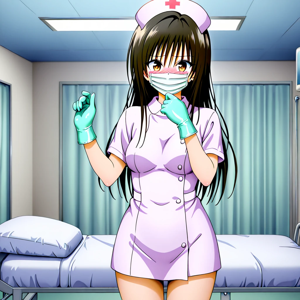 Nsfw. Anime dentist nurse horny girl, with pink gown, long pink latex gloves, pink mask, instruments