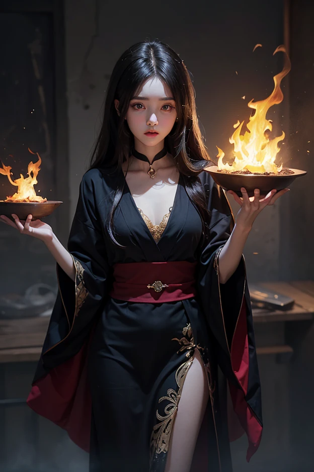 ((hyper-realistic, fotorrealista, 8k, detalhes intrincados, corpo inteiro)) master part, uma gueixa bruxa, Asian witch, Rainha Bruxa, Goddess of the spell, Miko sacerdotisa, Shinto Witch, Spell Woman, with flowing hair, seios cheios, full lips, de pele sedosa, usando uma coroa de flores no cabelo, um quimono sacerdotal bem adornado, She stands in front of her spice altar preparing her spells, while the smoke of incense permeates all the air around you.