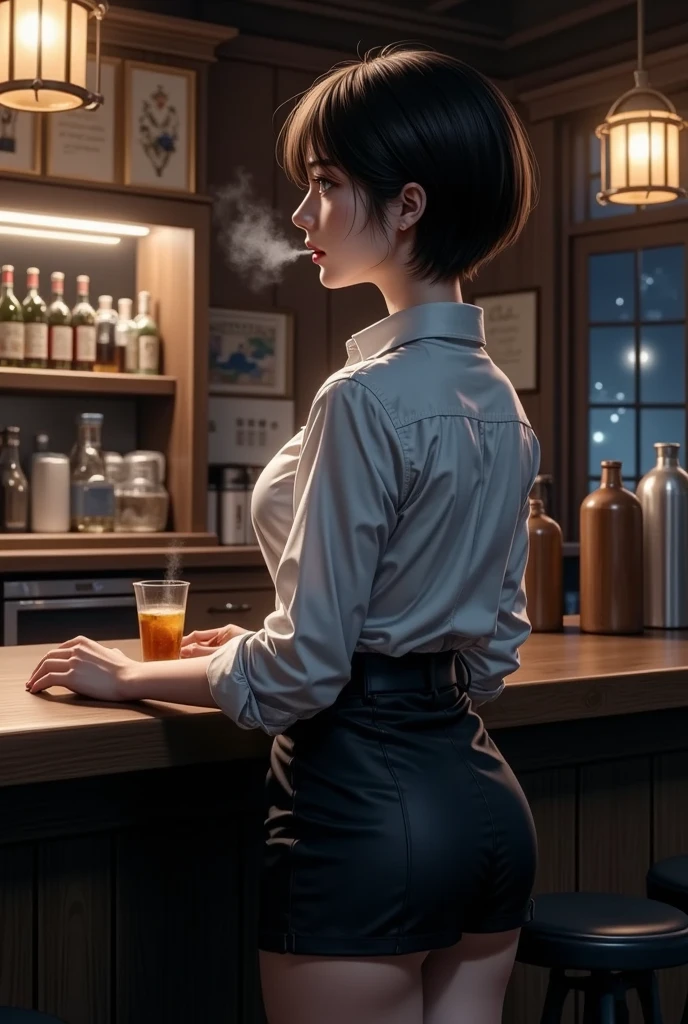 ((Highest quality)), ((masterpiece)), (detailed), One woman, Silver Hair,Tavern,tobacco,western drama,Gunman, Dark Room,cigarette,counter,Standing posture,Side view,night,