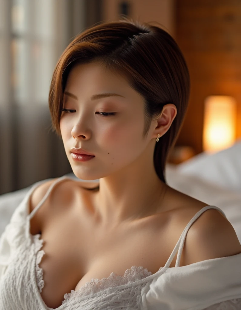 (24 year old lover), (big breasts:1.3),show small areola,on the bed, (maximum resolution: 1.4), (super high quality: 1.2), cinematic light, super high quality,My cheeks turned red:1.2、 (beautiful eyes and skin), (detailed facial features), 8K resolution, perfect style, beautiful expression、Highly detailed face and skin texture、detailed eye、double eyelid、glitter eyeliner:1.2、shiny skin、pure white skin:1.8、white skin:1.8、red rouge、dark lipstick:1.2、shiny small earrings、wet lips:1.2,glossy lips:1.2、(straight hairstyles、light brown hair)、(facing the front:1.2),long hair、(Close your eyes and ask for a kiss:1.3),From above, ((whole body)), ((one length haircut)),, (((exposed cleavage))), ((face up)),((look up and open your lips)), ((no brassiere)), beautiful breasts,((one length haircut)),((large breasts)),kissing,stick out your lips,,exposed cleavage, look up,raise your chin,open your mouth slightly,waiting for kiss,turn your face up,push your lips forward, stick out your tongue, small lace panties